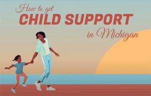Mother and child holding hands and skipping on a beach, smiling, with the sunsetting in the background and the words how to get child support in Michigan.