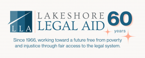 Lakeshore Legal Aid 60th anniversary logo, 1966–2026, with the message: “Since 1966, working toward a future free from poverty and injustice through fair access to the legal system.”