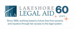Lakeshore Legal Aid 60th anniversary logo, 1966–2026, with the message: “Since 1966, working toward a future free from poverty and injustice through fair access to the legal system.”
